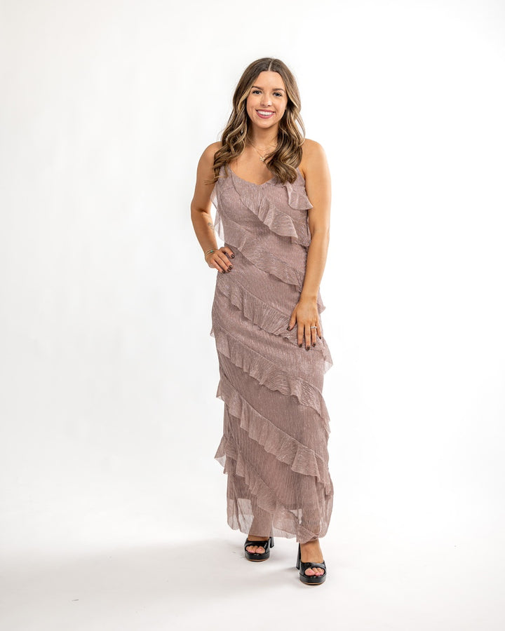 Holiday Shimmer Ruffle Tiered Maxi Dress