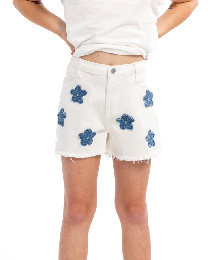 White Floral Denim Shorts